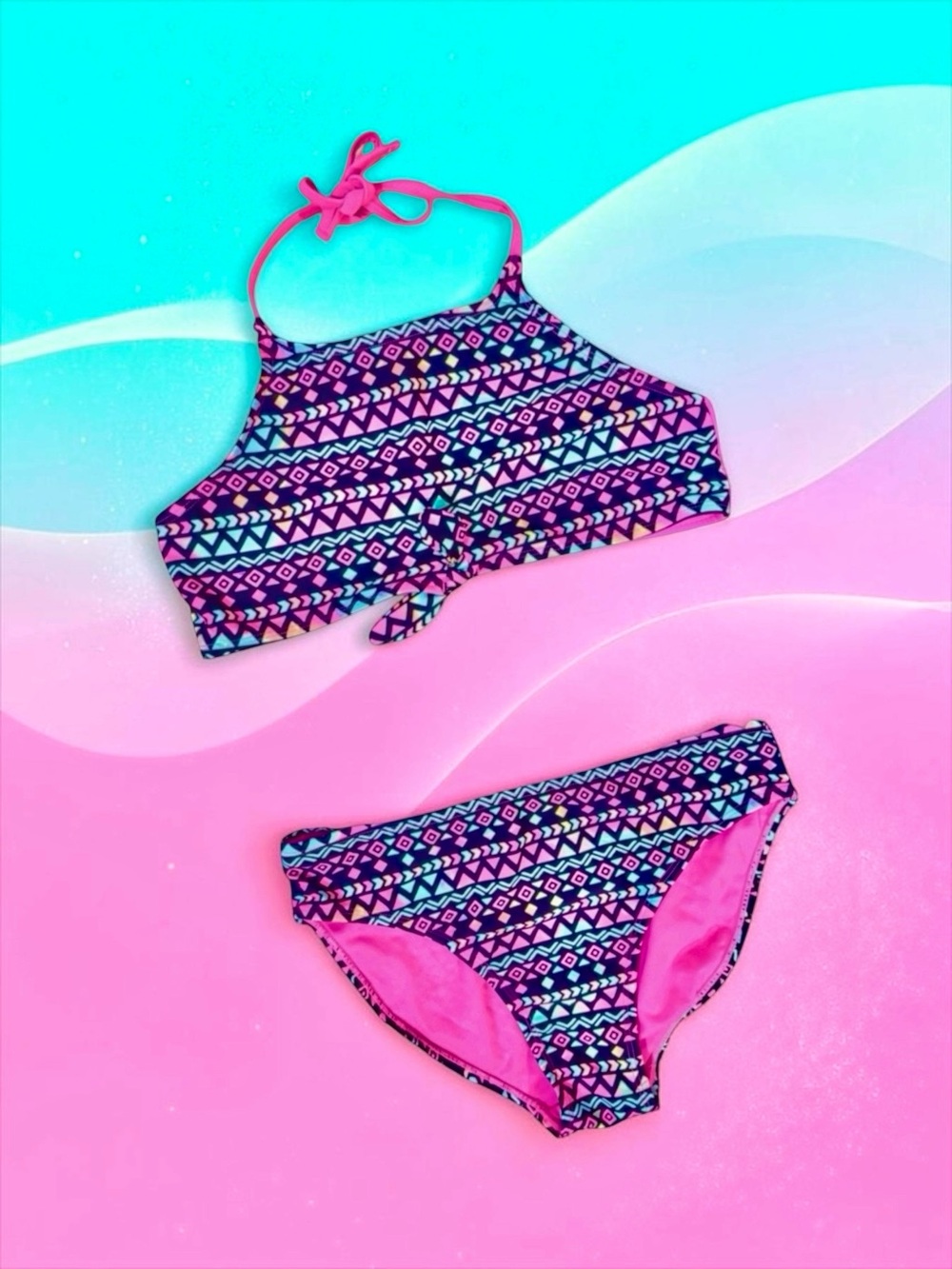 SO Girls Bikini Black & Pink Geometric High‑Neck Halter 16 Like New